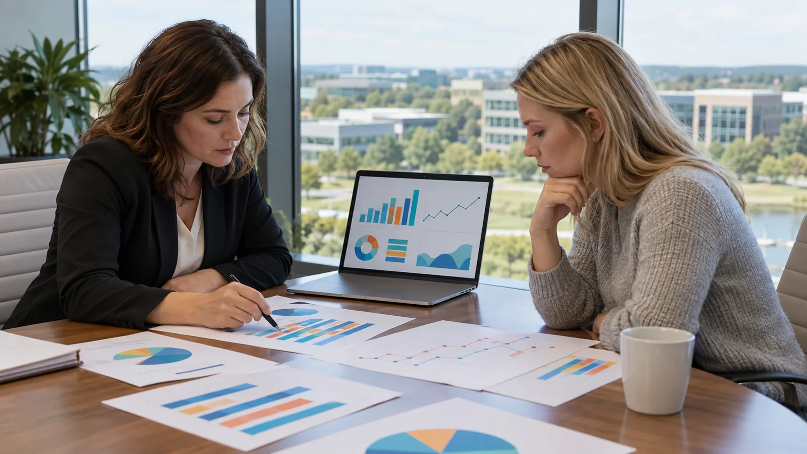 Two women at a conference table reviewing printed financial reports with a laptop open between them