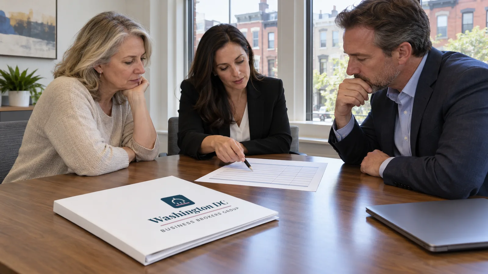 Two business owners and a broker reviewing a printed profit and loss statement at a conference table by tall windows, a white folder with the Washington DC Business Brokers Group logo in front of them