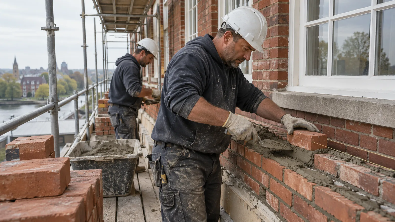 Two masons in hard hats and work gloves laying brick on a scaffold along the side of a building